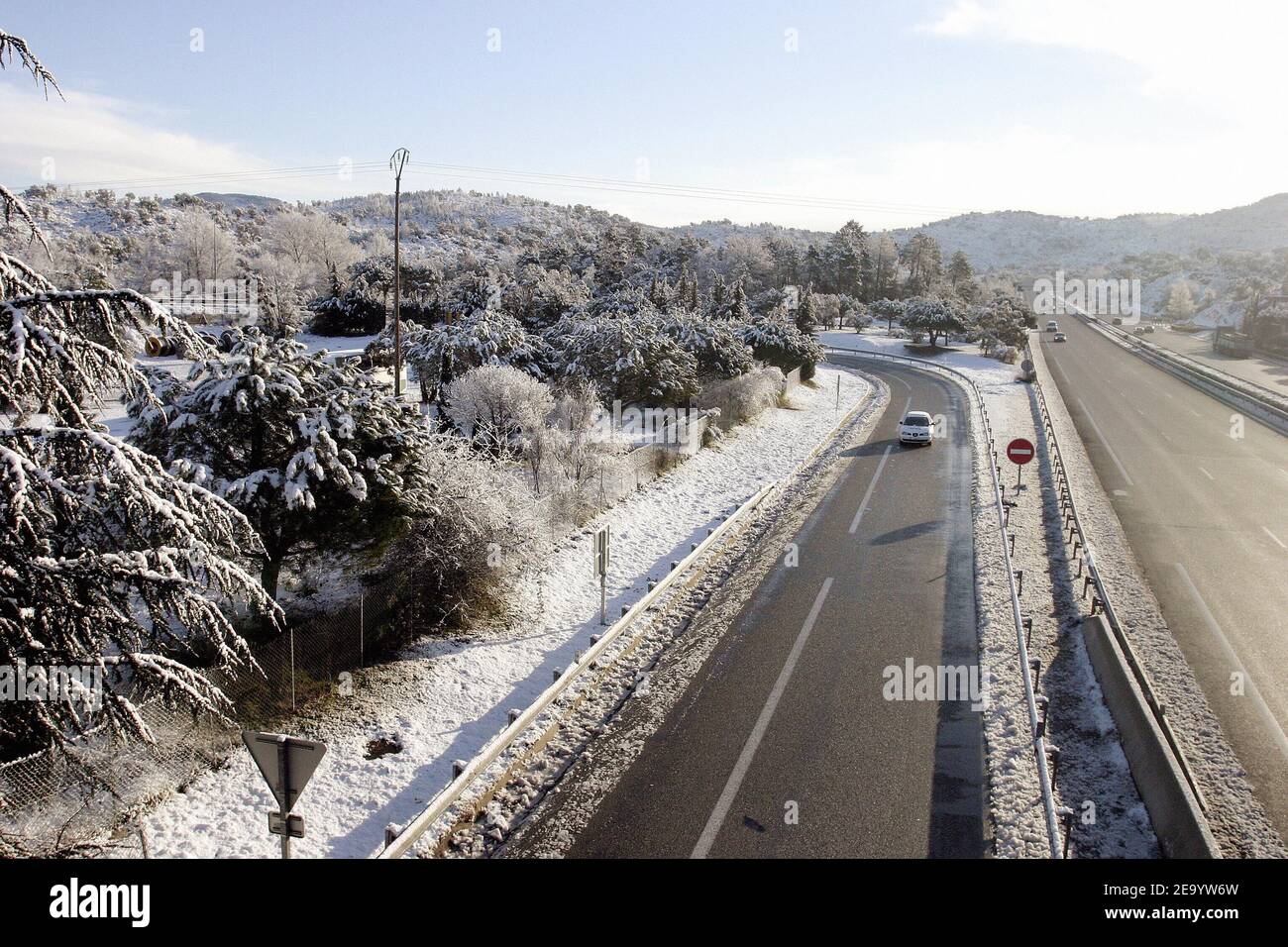 Unusual views of the French Riviera under snow between Frejus and Menton.  The snow falls and black ice force French authorities to stop the traffic  on A8 highway during the night of