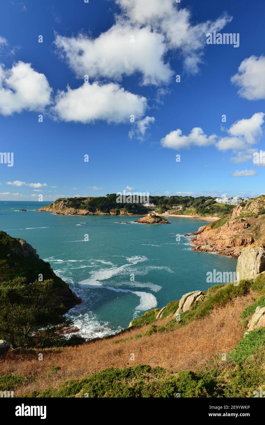 Portelet Bay, Jersey, U.K. Sunny Winter coastal view at high tide Stock