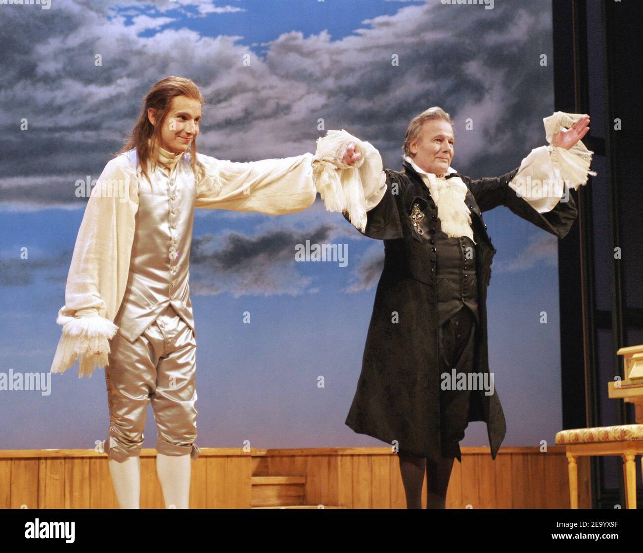 French actors Lorant Deutsch and Jean Piat salute the public after the premiere of Amadeus at the Theatre de Paris in Paris, France on January 26, 2005. Photo by Guillaume Baptiste/ABACA. Stock Photo