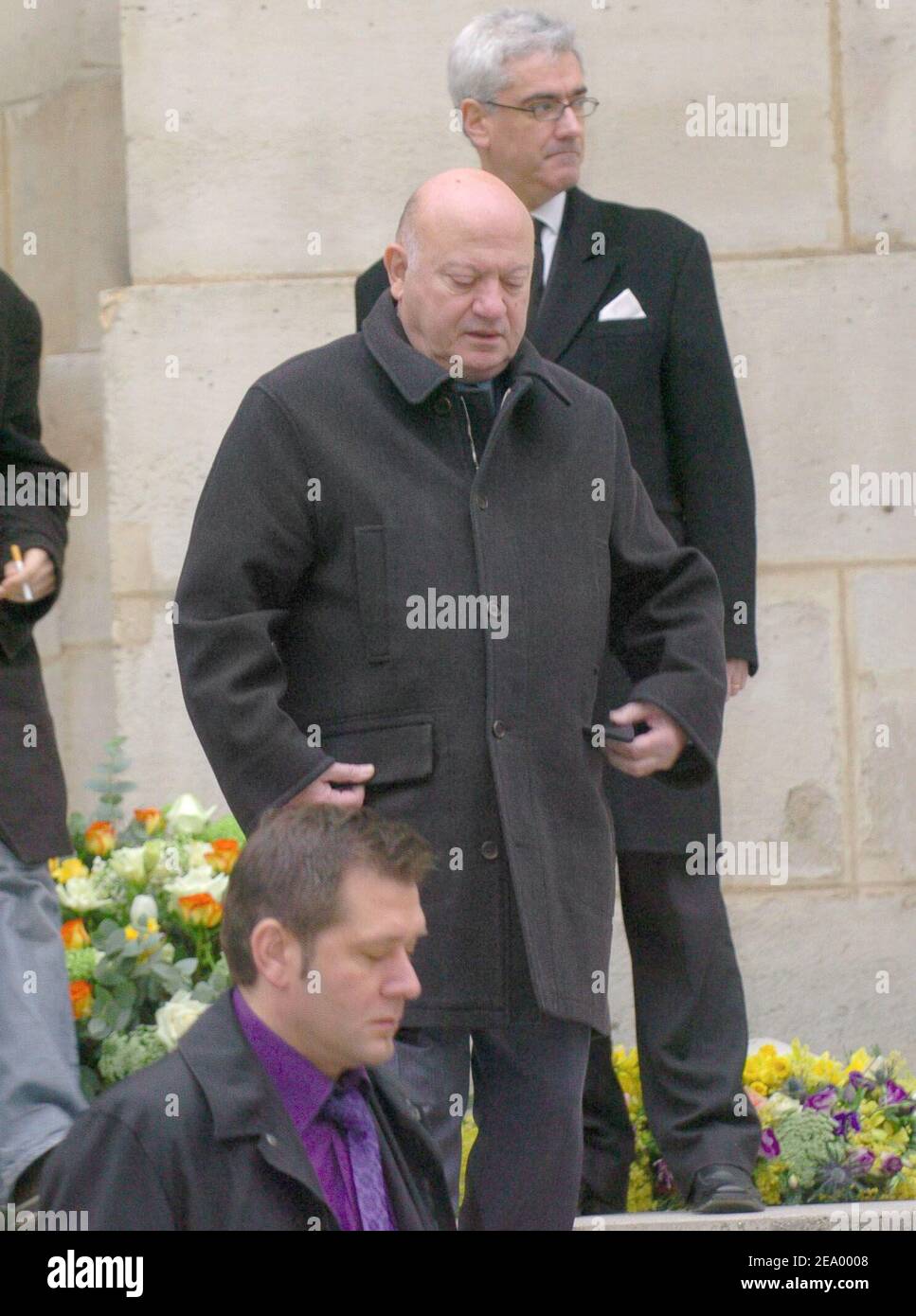 Issy-les-Moulineaux deputy mayor Andre Santini leaves St-Roch Church in Paris, France, on February 3, 2005, after a mass to pay a last tribute to French actor Jacques Villeret who died last Friday. Photo by Bruno Klein/ABACA. Stock Photo