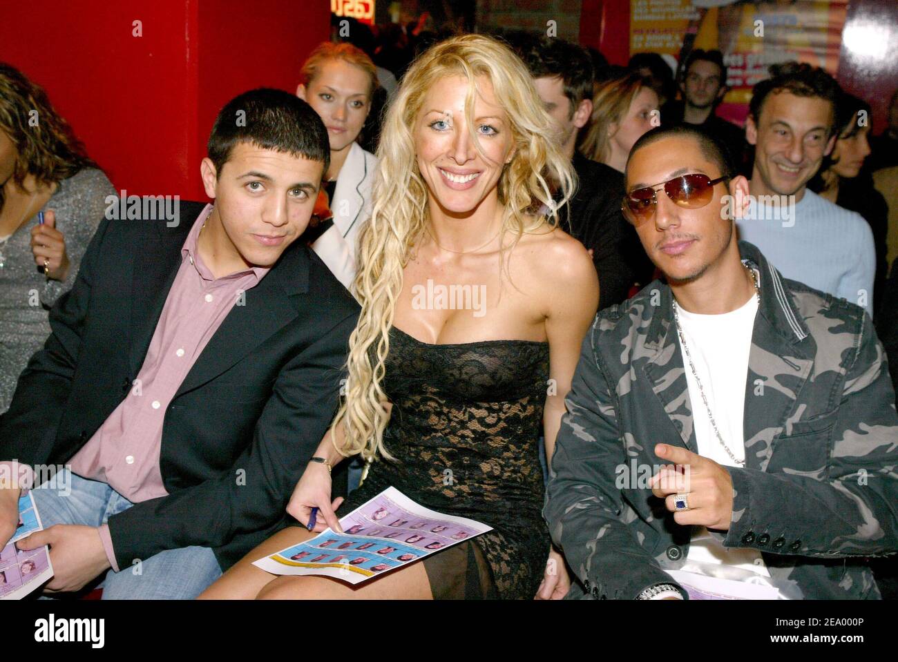 (L-R) Rai singer Faudel, former reality TV participant Loana ('Loft') and singer K-Maro during the party for the 'Top Model France' final elections held at Les Salons du Louvre in Paris, France, on February 3, 2005. Photo by Edouard Bernaux/ABACA. Stock Photo