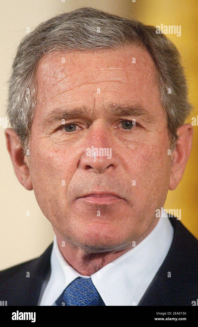 President George W. Bush delivers remarks to the Council and Scholarly Committee of the National Museum of African American History and Culture at the White House, East Room on Tuesday February 8 2005 in Washington. Photo by Olivier Douliery/ABACA. Stock Photo