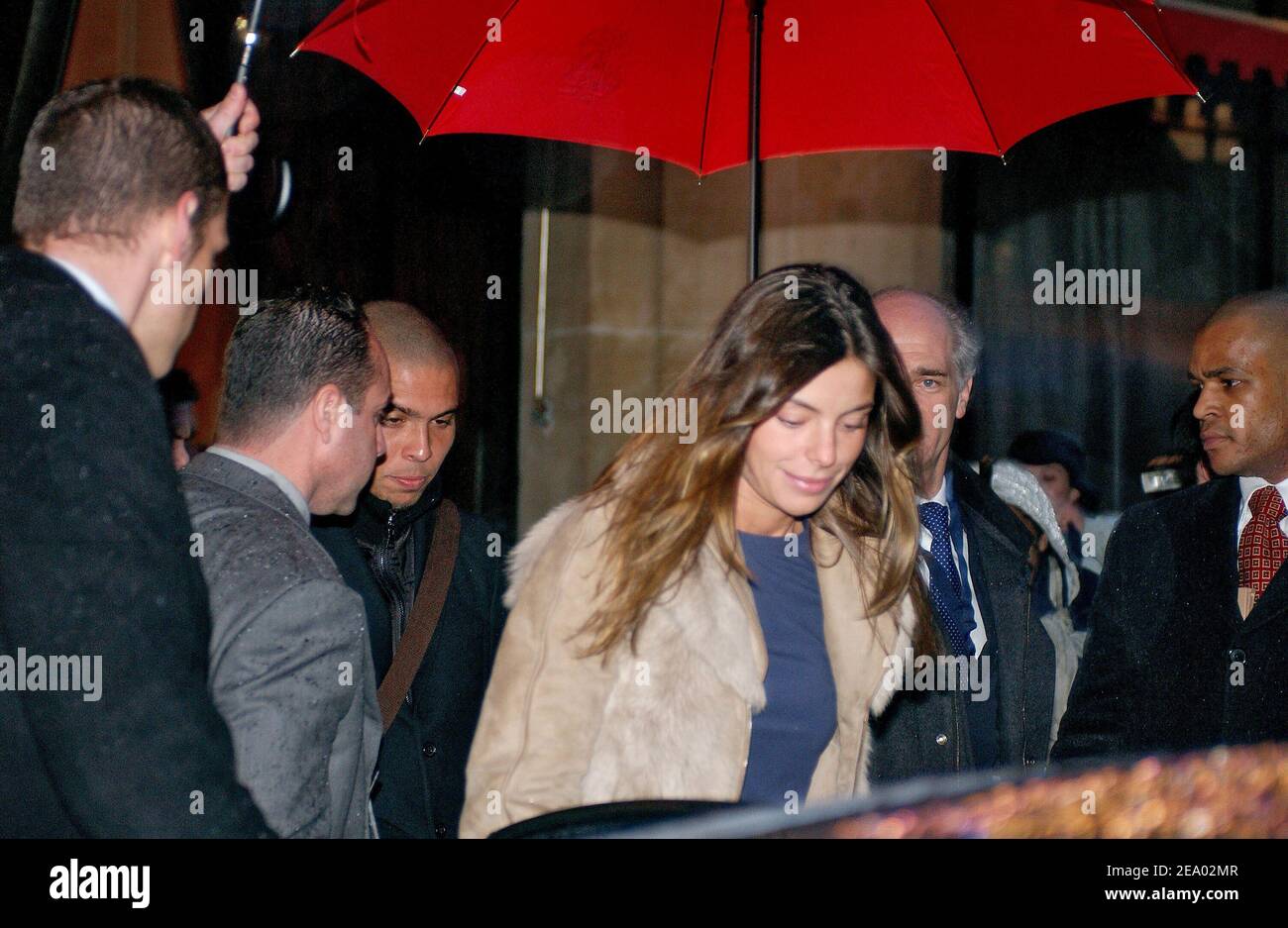 Brazilian football player Ronaldo set to marry Brazilian model Daniela Cicarelli at the Chateau de Chantilly in France on February 14, 2005. They leave Plaza Athenee hotel in Paris, France to go at Chateau de Chantilly for the evening party. Photo by Gorassini-Hounsfield-Klein-Mousse-Zabulon/ABACA. Stock Photo