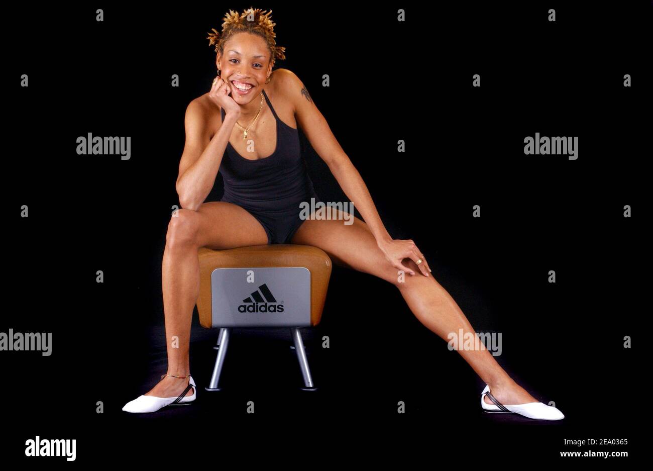 French Athlete Phara Anacharsis attends the party held in the Adidas store  in Paris, France, on February 16, 2005, to launch the new Adidas women's  fashion line designed by British fashion designer