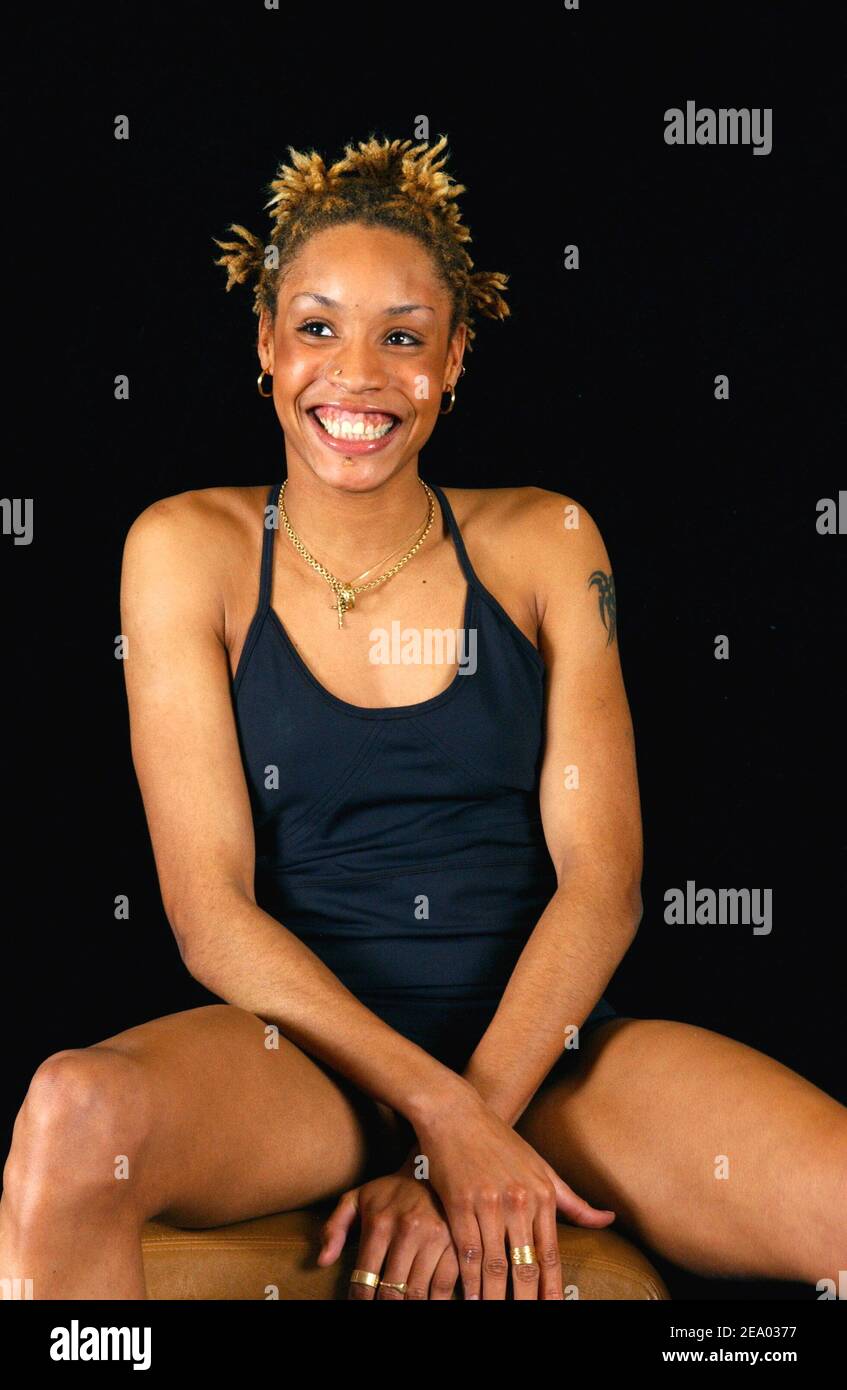 French Athlete Phara Anacharsis attends the party held in the Adidas store  in Paris, France, on February 16, 2005, to launch the new Adidas women's  fashion line designed by British fashion designer