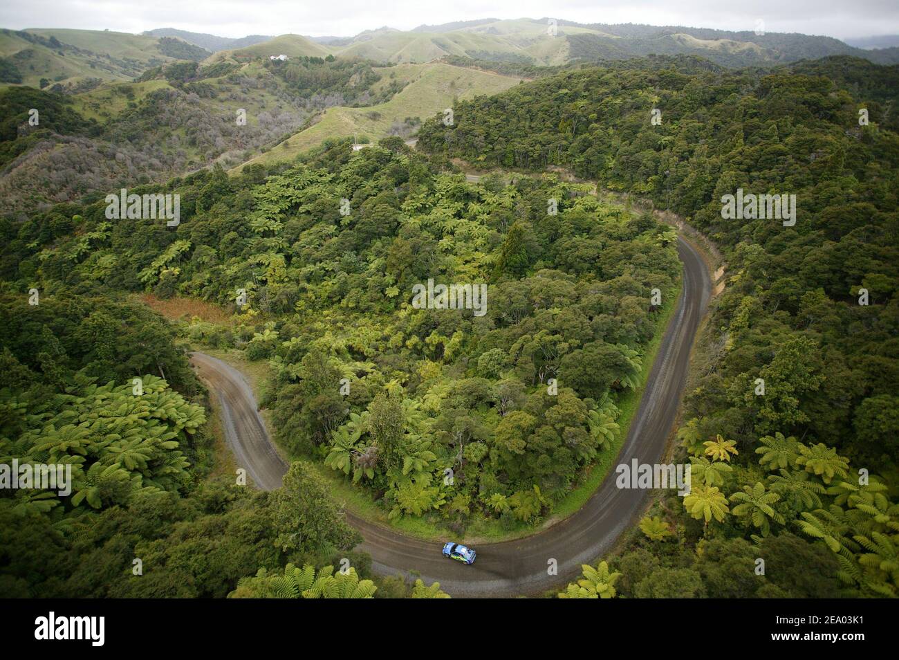 Aerial view of Norway's Petter Solberg in his Subaru Impreza WRC, seen ...