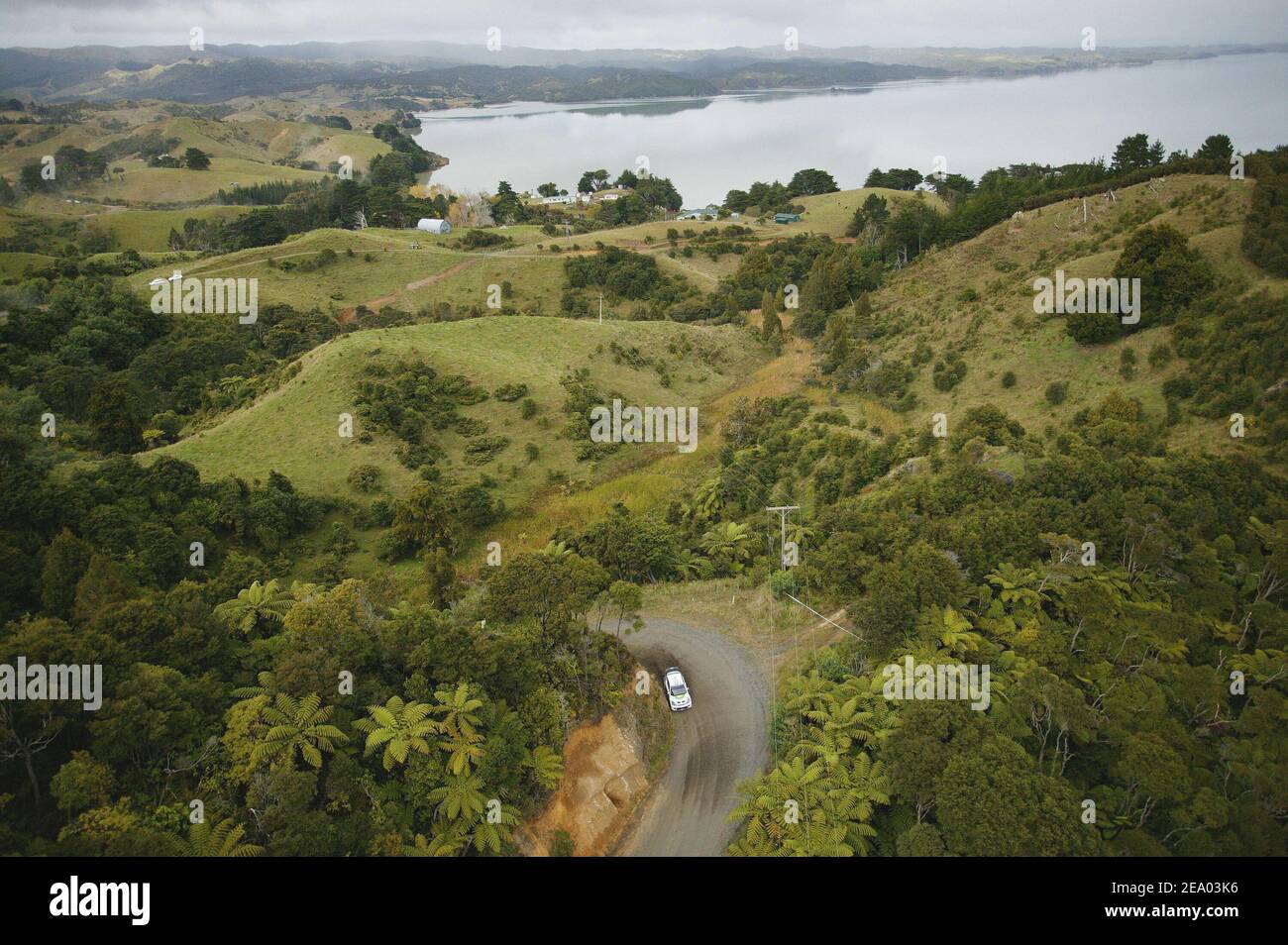 Aerial view of Belgian Francois Duval in his Ford Focus WRC, seen in action on a special stage of the New Zealand World Rally Championship Rally, in New Zealand, on April 8, 2004. Photo by Jean Marc Pastor/VERTICALE ATTITUDE CAMELEON/ABACA. Stock Photo