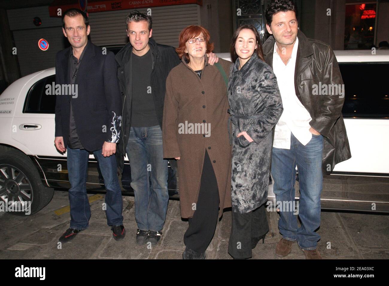 French director Marion Sarraut (C) and the cast members (L-R) Christian Vadim, David Brecourt, Vanessa Demouy and her husband Philippe Lellouche when they arrive at the after-party for the premiere of 'Le jeu de la verite' at new restaurant 'Qin' in Paris, France, on February 21, 2005. Photo by Benoit Pinguet/ABACA. Stock Photo