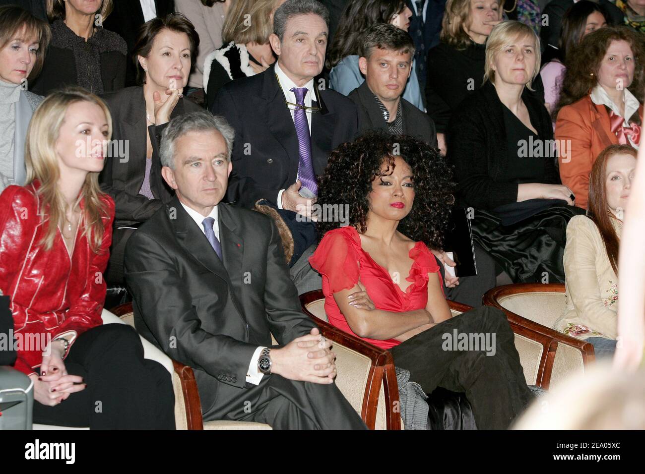 Bernard Arnault, his daughter Delphine, American singer Diana Ross,  American actress Julianne Moore pictured before British fashion designer  John Galliano's Ready-to-Wear Fall-Winter 2005-2006 collection presentation  for French fashion house Christian