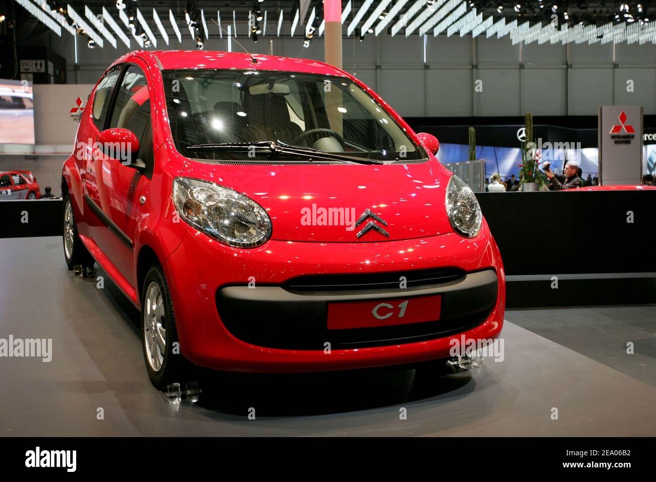 The new Citroen C1 is on display during its first world presentation at the 75th Geneva motor show in Geneva, Switzerland, on March 2, 2005. In a bid to cut costs Japan's Toyota and France's PSA Peugeot Citroen, who normally compete head on, have turned to partnership to produce three small cars, the Aygo from Toyota, the Citroen C1 and the Peugeot 107, at a jointly-owned plant in the Czech Republic. Photo by Laurent Zabulon/ABACA. Stock Photo