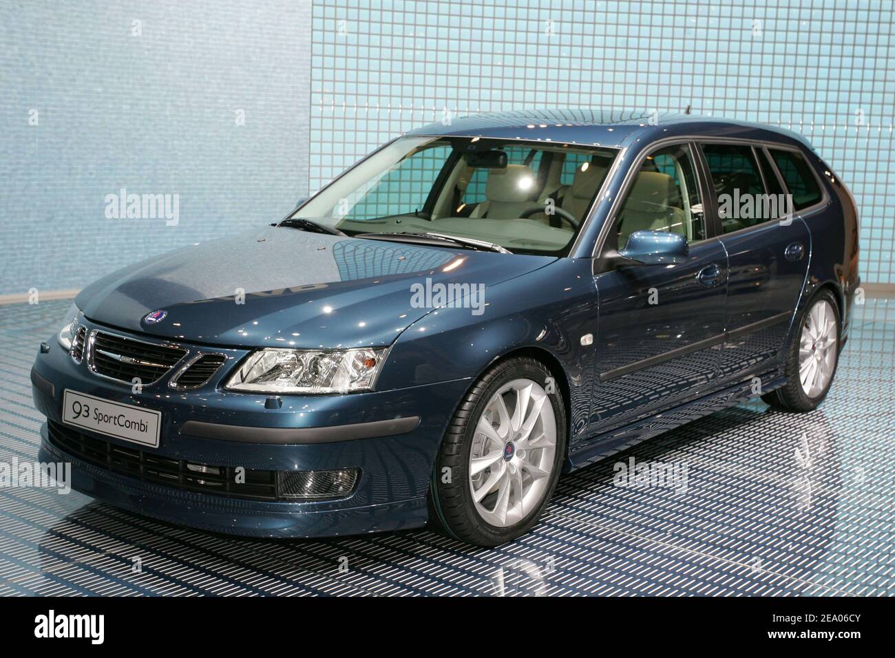 The Saab 9-3 Sport Combi is on display as a first world presentation at the 75th Geneva motor show in Geneva, Switzerland, on March 2, 2005. The new Saab is powered with an all-new turbocharged V6 engine that makes 250 hp. Photo by Laurent Zabulon/ABACA. Stock Photo