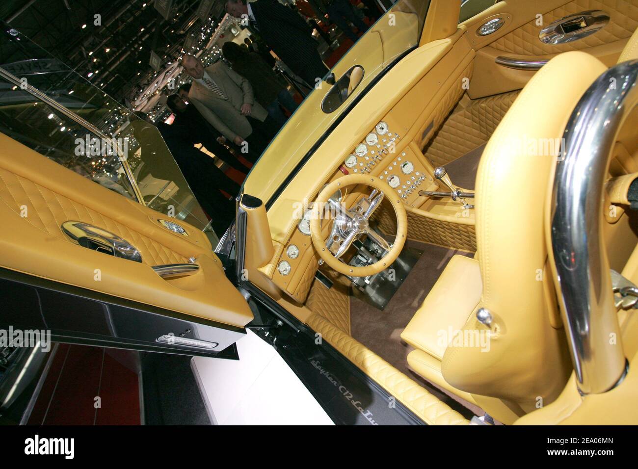 A Spyker C8 Spider concept car is on display during its world debut at the  75th Geneva motor show in Geneva, Switzerland, on March 2, 2005. Photo by  Laurent Zabulon/ABACA Stock Photo -