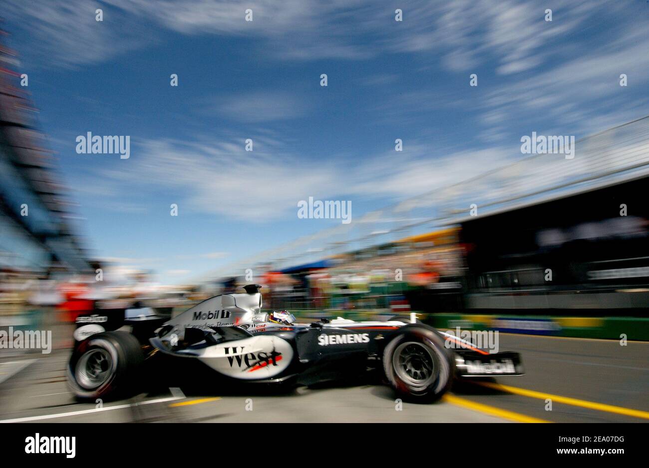 Colombian Formula 1 driver Juan Pablo Montoya (team McLaren Mercedes) during the first Formula 1 Grand Prix in Melbourne, Australia, on March 04, 2005. Photo by Thierry Gromik/ABACA. Stock Photo