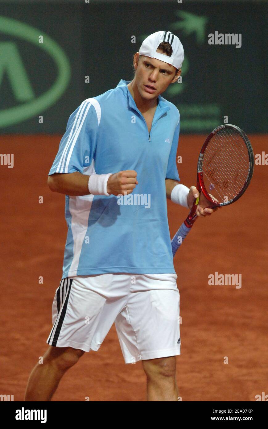 French Tennis player Paul-Henri Mathieu won 6-3, 6-4, 6-2, against Swedish  Tennis Player Joachim Johansson during the Davis Cup first round in  Strasbourg, France, on March 4, 2005. Photo by Corinne  Dubreuil/Cameleon/ABACA