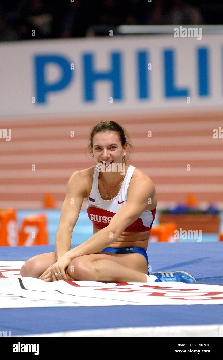 Russian track and field athlets Yelena Isinbayeva (pole vault women) during the european indoor athletics championships 2005 in Madrid, Spain, on march 4, 2005. Photo by Christophe Guibbaud/Cameleon/ABACA. Stock Photo