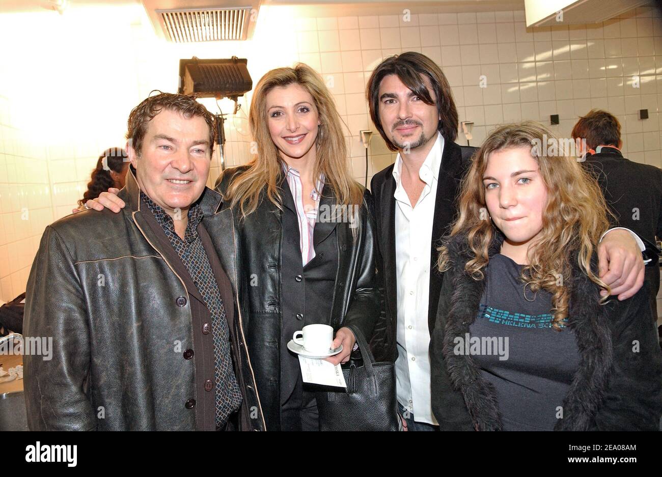 French actor Martin Lamotte, his wife, his daughter and French fashion designer Stephane Rolland on the backstage of Jean-Louis Scherrer Fall-Winter 2005-2006 Ready-to-Wear Fashion collection presentation in Paris, France on March 6, 2005. Photo by Klein-HounsfieldABACA. Stock Photo
