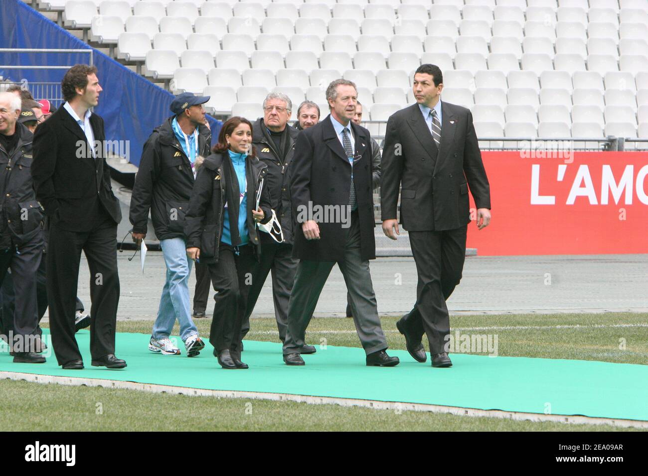 (l to r) Laurent Blanc, Nawal El Moutawakel, Guy Drut and Abdelatif Benazzi during the visit of the Stade de France by the IOC delegation in Saint Denisnear Paris, France, on March 10, 2005. Photo by Mousse/ABACA. Stock Photo