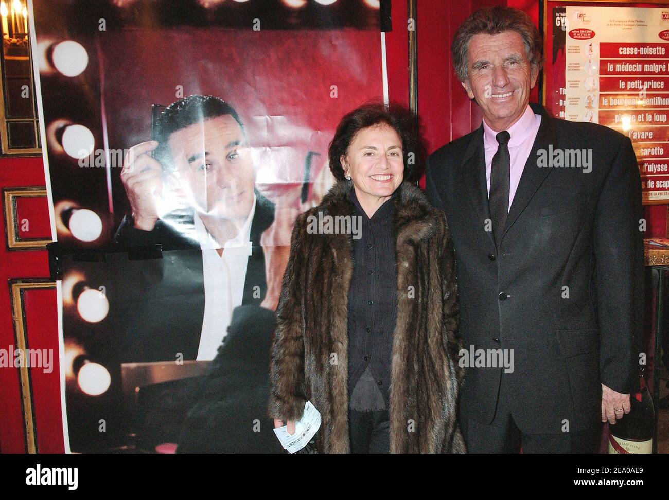 Former French Art Minister Jack Lang and his wife Monique attend the  premiere of humorist Elie Semoun's new one-man-show, 'Elie Semoun se prend  pour qui ?', at Le Gymnase in Paris, France,