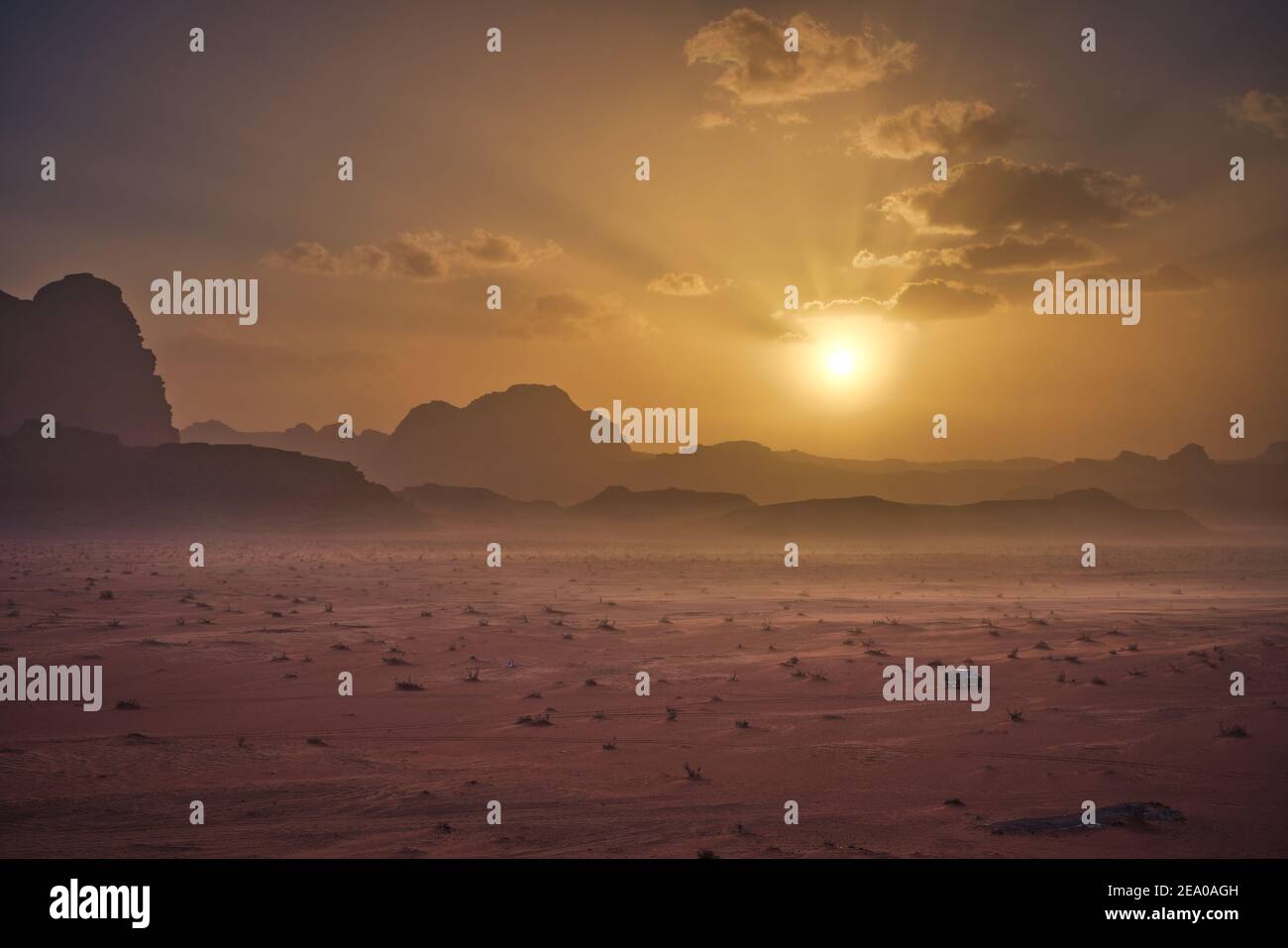 Photo of the landscape of the Wadi Rum Desert at the sunset time Stock Photo