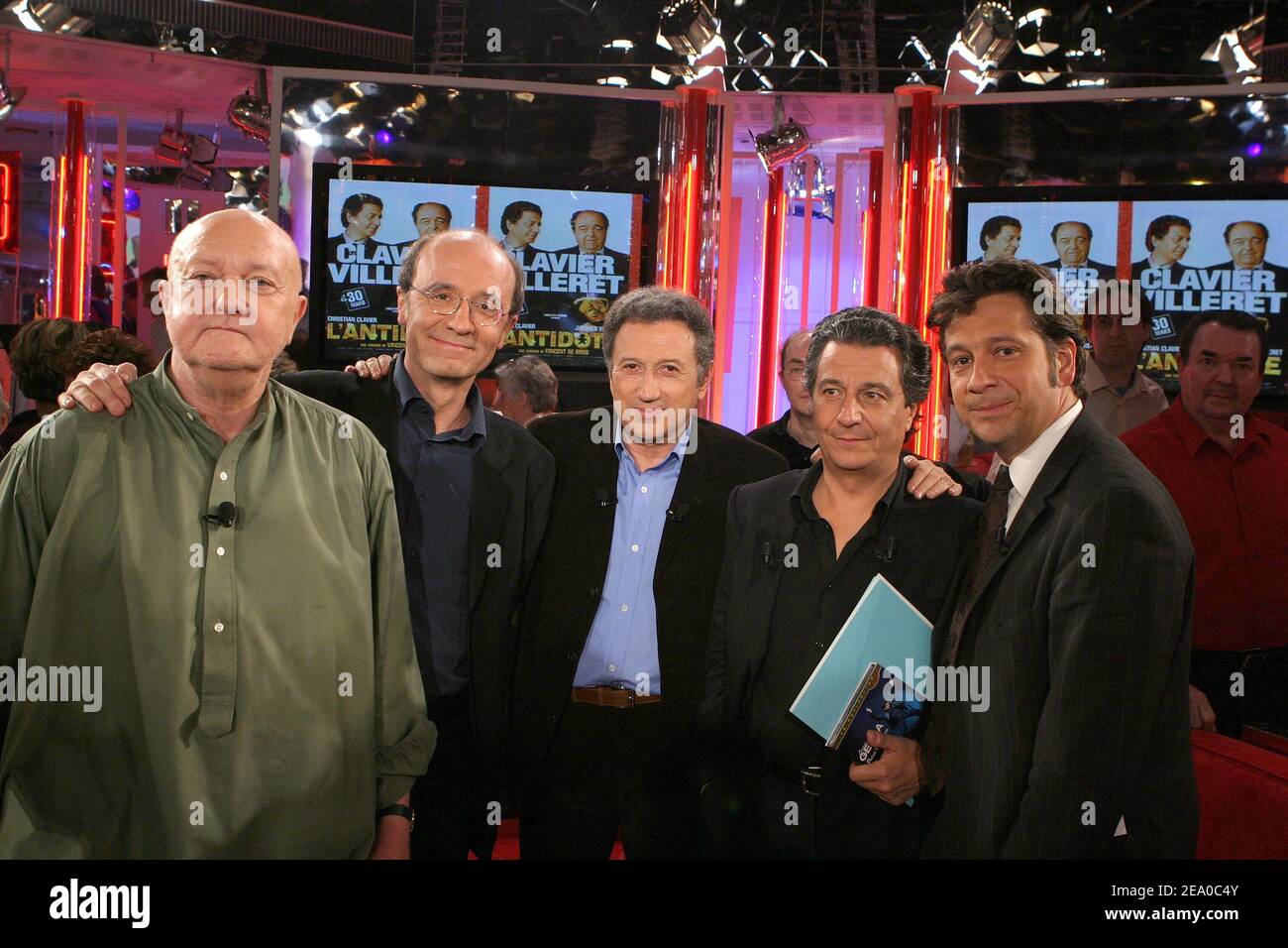 L-R) French TV journalist Jean-Pierre Coffe, Belgian cartoonist Philippe  Geluck, French TV presenter Michel Drucker, French actor Christian Clavier  and French humorist Laurent Gerra pose during the taping of Drucker's TV  show '