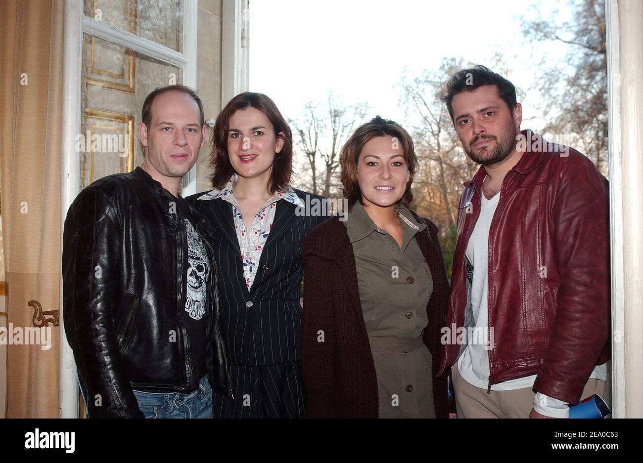 L-R) 'Camera Cafe' cast members Philippe Gatin, Armelle, Shirley Bousquet  and Philippe Cura pose at the 10th 'Lauriers de la Radio et de la  Television' awards ceremony held at the Senate in