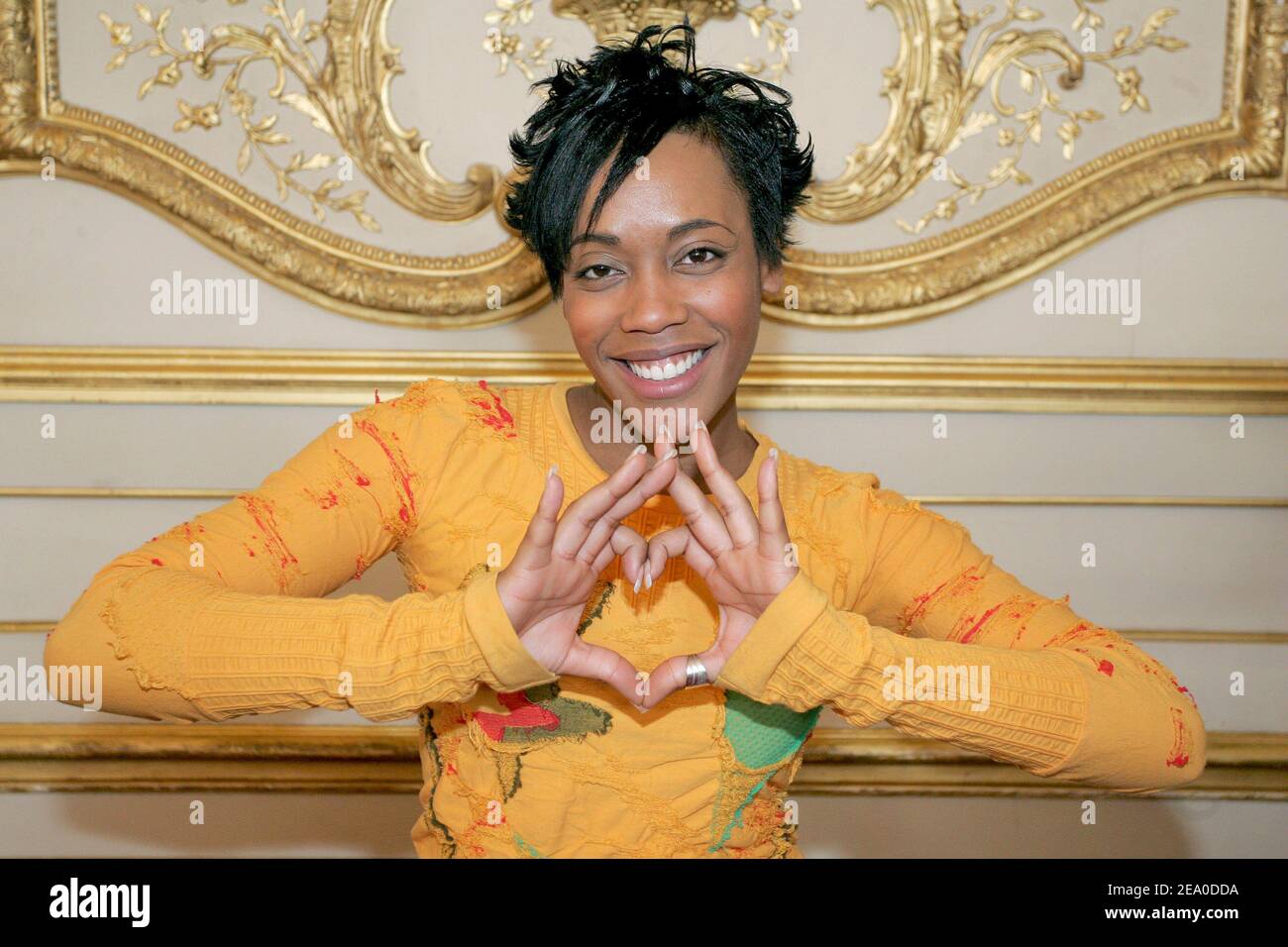 French singer Lynnsha poses at press conference for the 17th 'Open du Coeur' operation at the Senate in Paris, France on March 31, 2005. Photo by Laurent Zabulon/ABACA. Stock Photo