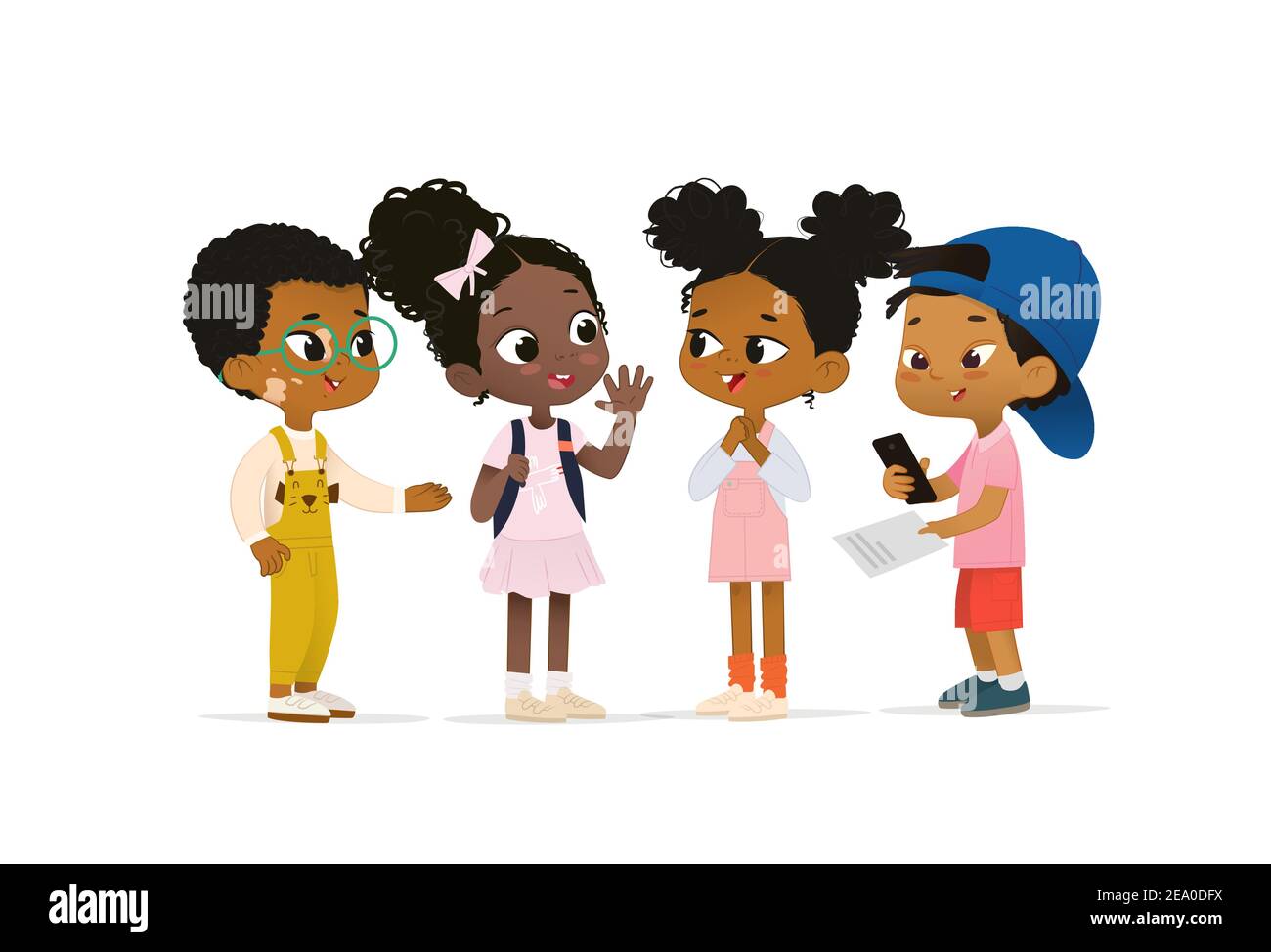 Group of African American children talk to each other. School boy with vitiligo say hello to new friends. Asian boy scan QR code. School friends have Stock Vector