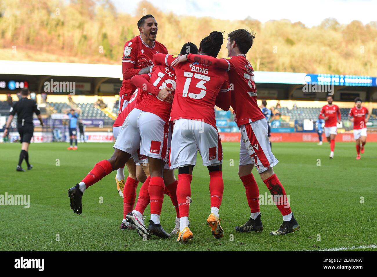HIGH WYCOMBE, ENGLAND. FEB 6TH: The Reds celebrate after Glenn Murray (25) scored a goal to make it 0-1 during the Sky Bet Championship match between Wycombe Wanderers and Nottingham Forest at Adams Park, High Wycombe on Saturday 6th February 2021. (Credit: Jon Hobley | MI News) Credit: MI News & Sport /Alamy Live News Stock Photo