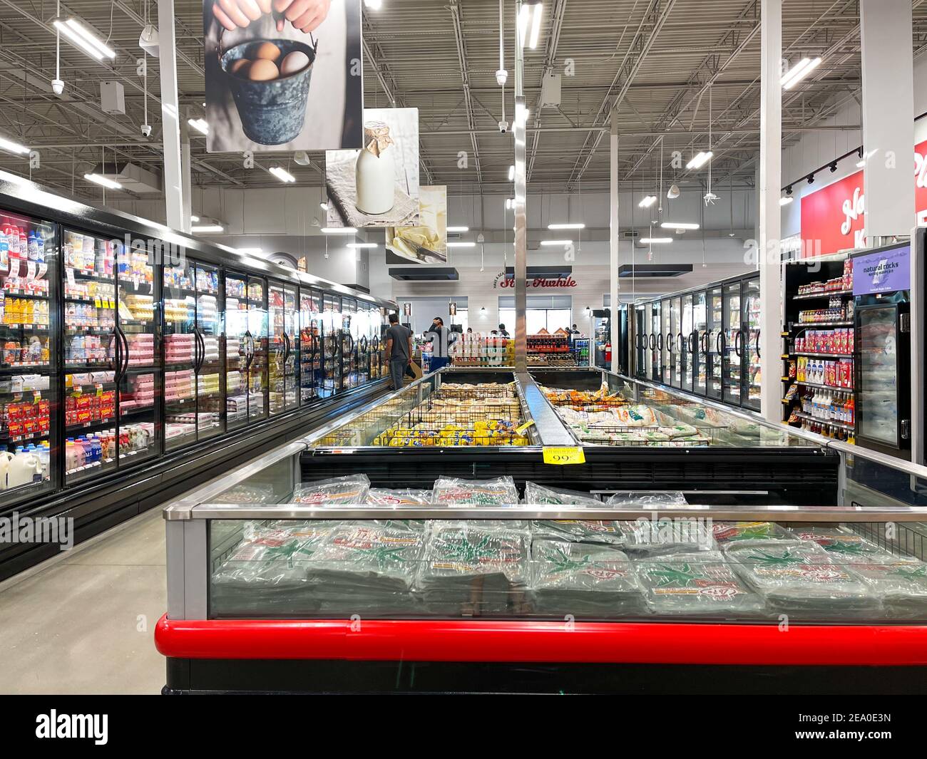 Orlando,FL USA - January 18, 2021:  An overview of the refridgerated section of a Bravo Market Grocery Store in Orlando, Florida. Stock Photo