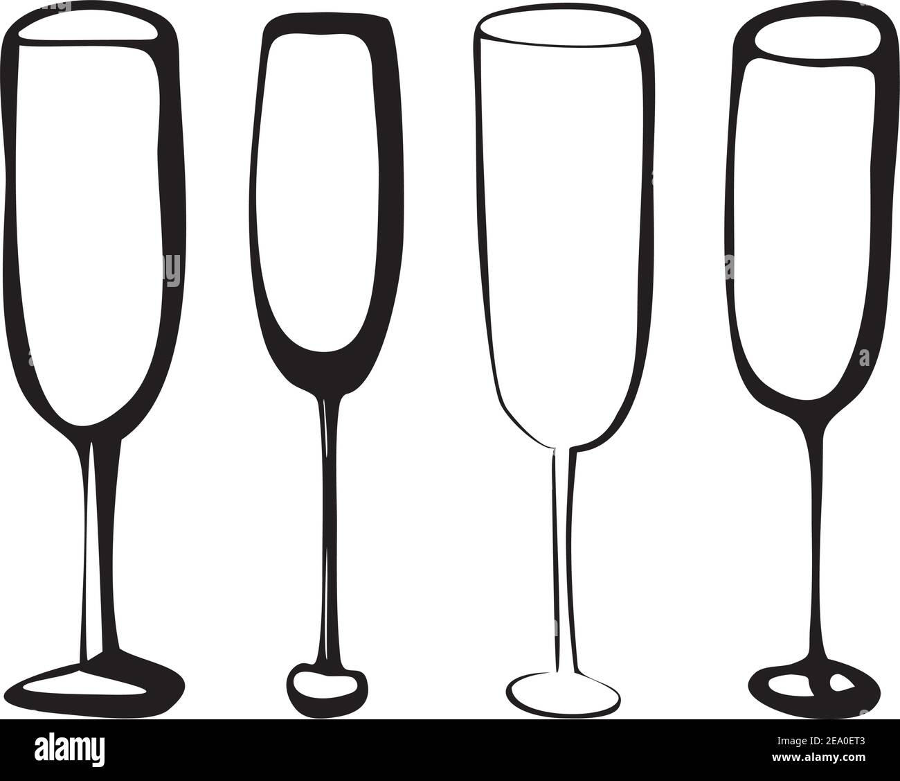 Vector hand drawn doodle set champagne empty wine glasses black illustration of wineglasses drink on white background Stock Vector
