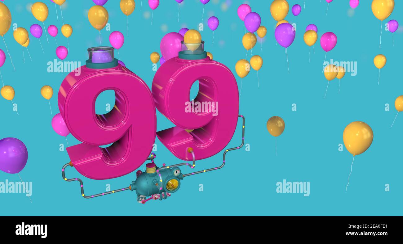 Red number 99 floating in the air connected to a compressor through glass pipes expelling balloons through glass tubes on a blue background with yello Stock Photo