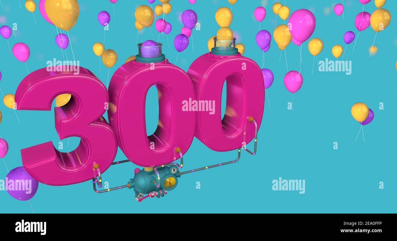 Red number 300 floating in the air connected to a compressor through glass pipes expelling balloons through glass tubes on a blue background with yell Stock Photo