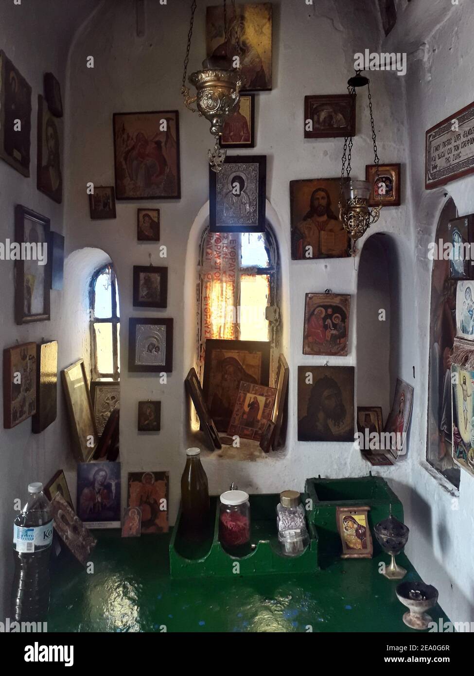 Internal detail of the small Greek Orthodox chapel of Profitis Elias on Mt Hymettus, above Athens, Greece Stock Photo