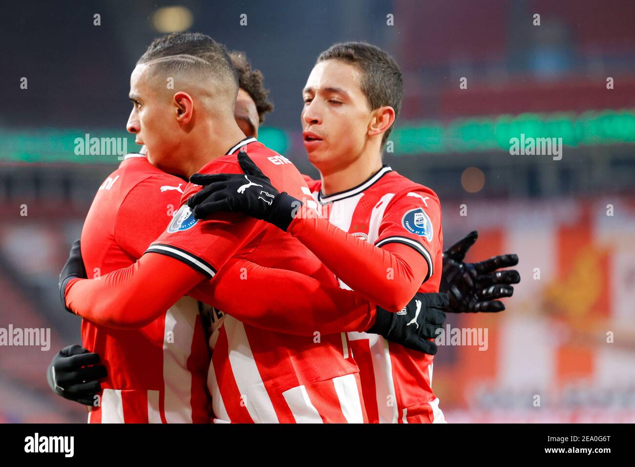 Eindhoven Netherlands February 6 Donyell Malen Of Psv Celebrating His Goal With Mohamed Ihattaren Of Psv Mauro Junior Of Psv During The Dutch Ere Stock Photo Alamy