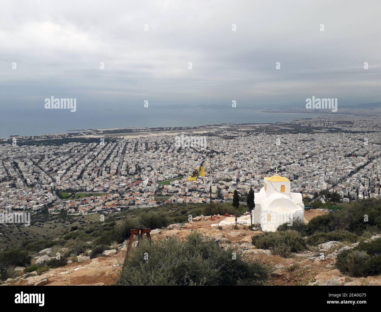 Small white-washed Greek Orthodox chapel of Profitis Elias on Mt Hymettus, above Athens, Greece Stock Photo