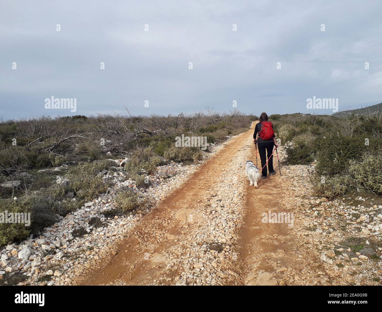 Woman hiker with red backpack and her dog on a gravel road ion Mt Hymettus, n Greece Stock Photo