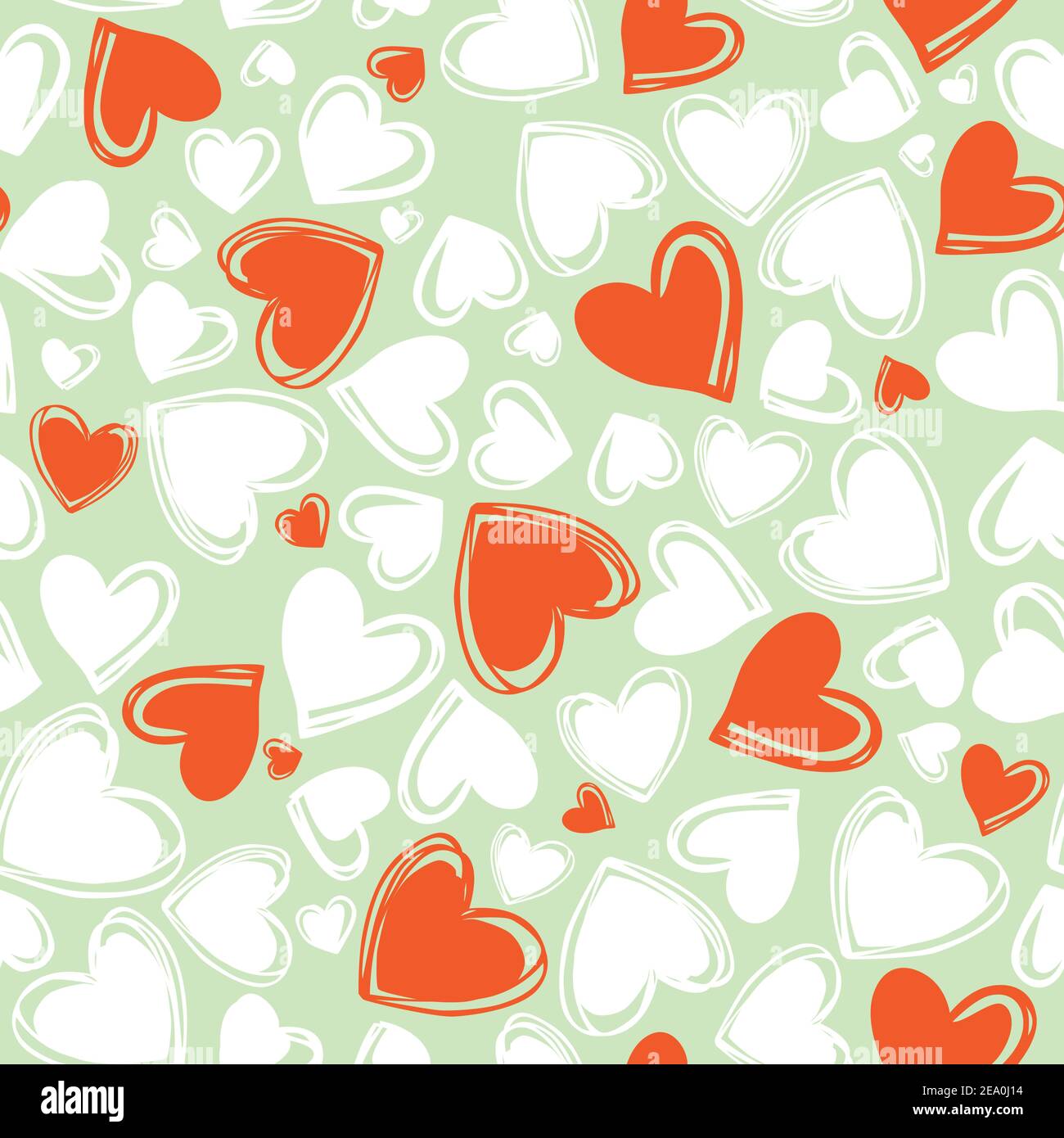 Vector green doodle cute multi direction red and white hearts valentine seamless pattern. Suitable for textile, gift wrap and wallpaper. Stock Vector