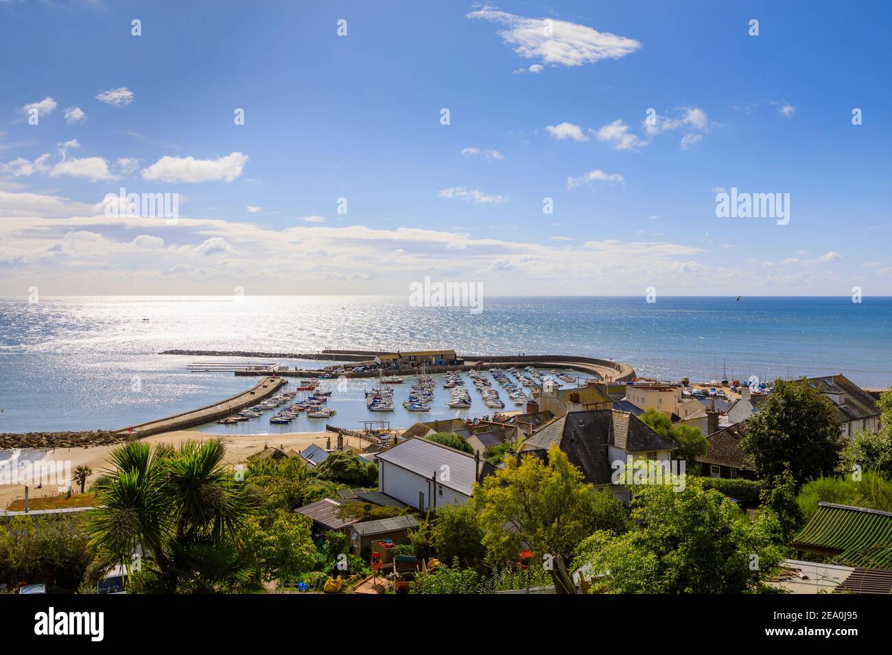 Panoramic view of the Cobb, a harbour at Lyme Regis, a West Dorset town, England, on Lyme Bay on the English Channel coast at the Dorset–Devon border. Stock Photo