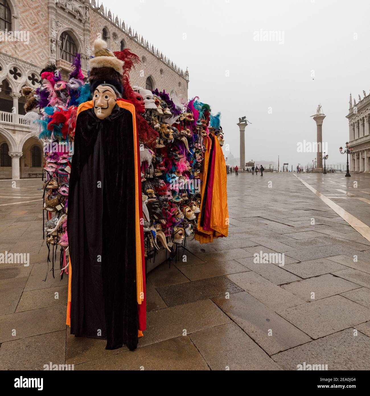 Deserted Piazza San Marco with costume stall at Carnival time 2021 Stock Photo