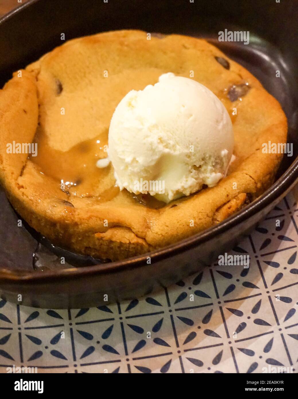 Baked cookie dough dessert, pudding with ice cream, Bella Italia