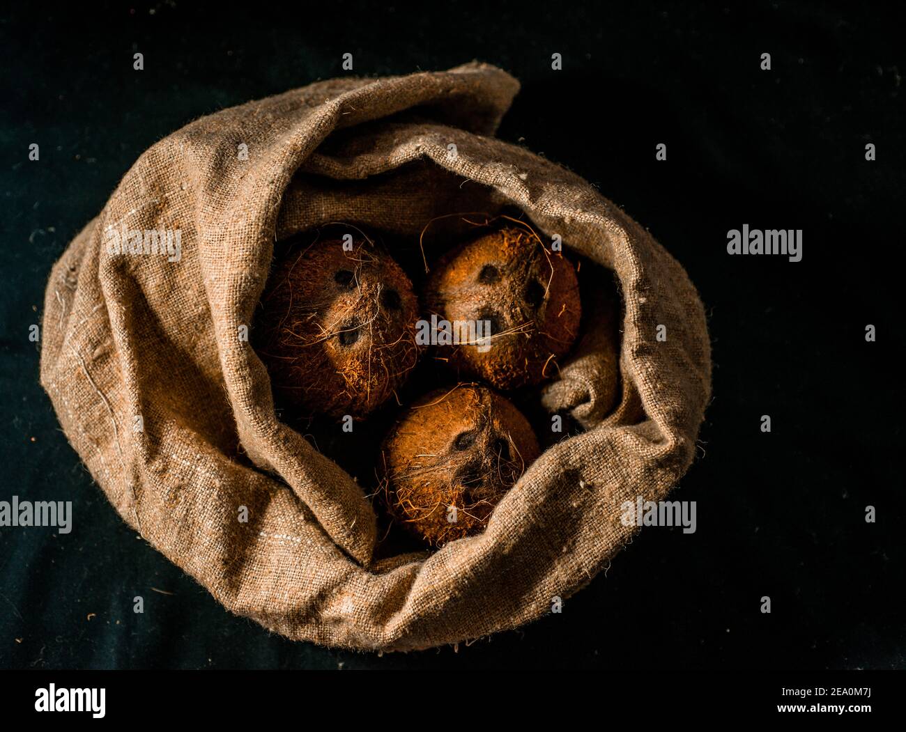 Coconut coconuts open and close delicious in burlap Stock Photo - Alamy