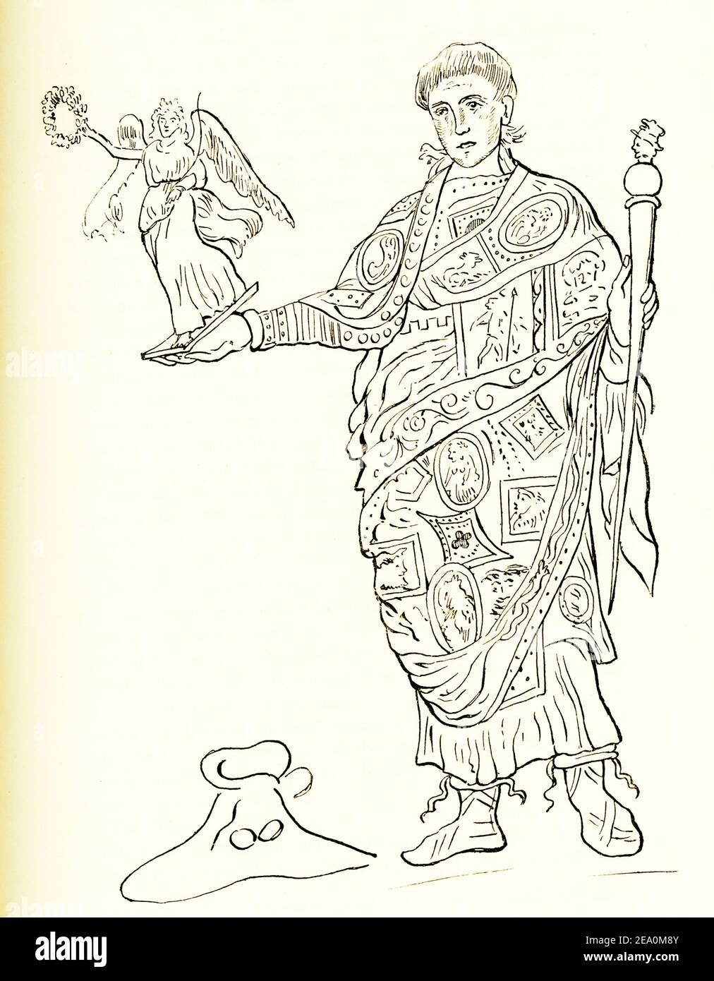 This 1884 illustration shows Constantius in Imperial costume and holding a representation of Nike, the goddess of victory. This is a copy of aminiature by Kondakoff in Russian History of Byzantine Miniature Painting. Constantius I was a Roman emperor. He ruled as Caesar from 293 to 305 and as Augustus from 305 to 306. He was the junior colleague of the Augustus Maximian under the Tetrarchy and succeeded him as senior co-emperor of the western part of the empire. Constantius ruled the West while Galerius was Augustus in the East. Stock Photo