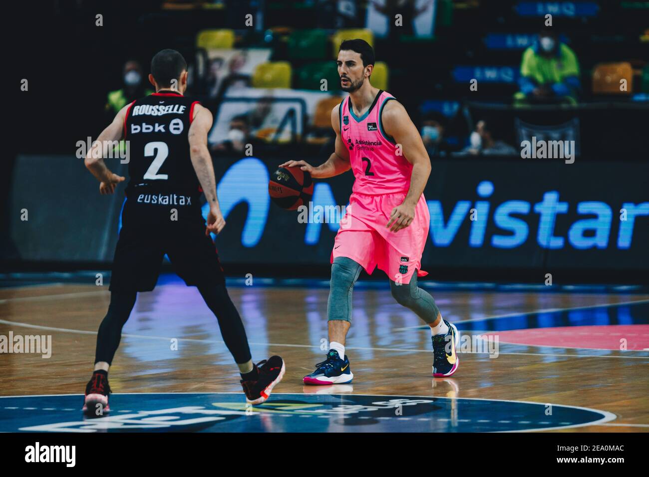Bilbao, Basque Country, SPAIN. 7th Feb, 2021. LEO WESTERMANN (2) from Barça  with the ball during the Liga ACB week 23 game between Retabet Bilbao Basket  and Barça at Miribilla Bilbao Arena.