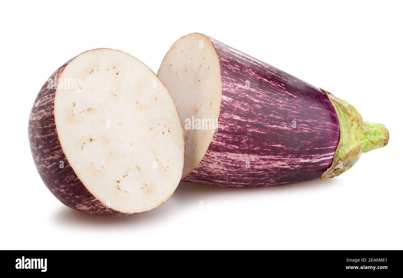 sliced striped eggplant path isolated on white Stock Photo
