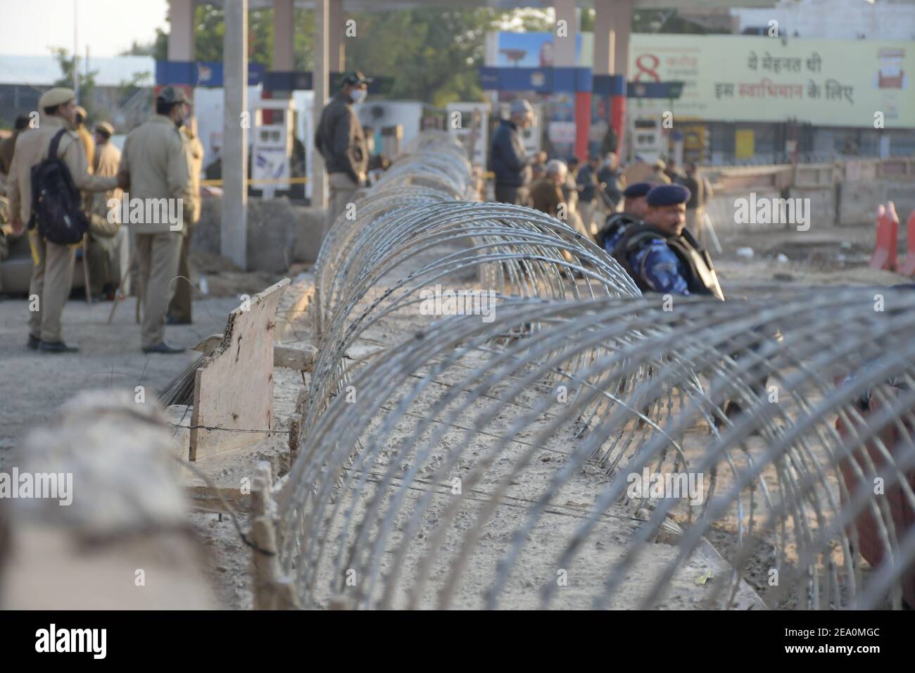 New Delhi, India. 06th Feb, 2021. Police installed iron order wire at Tikri Border in Delhi on Saturday. Tikri Border a place where the farmer's protesting for last 70 days against three farm law introduce by Central government of India. (Photo by Ishant Chauhan/Pacific Press) Credit: Pacific Press Media Production Corp./Alamy Live News Stock Photo