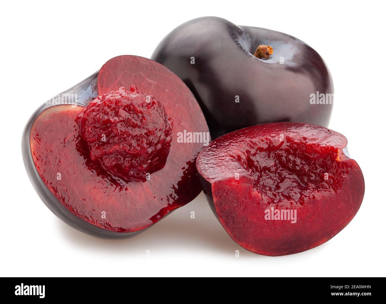 sliced deep red burgundy plum path isolated on white Stock Photo