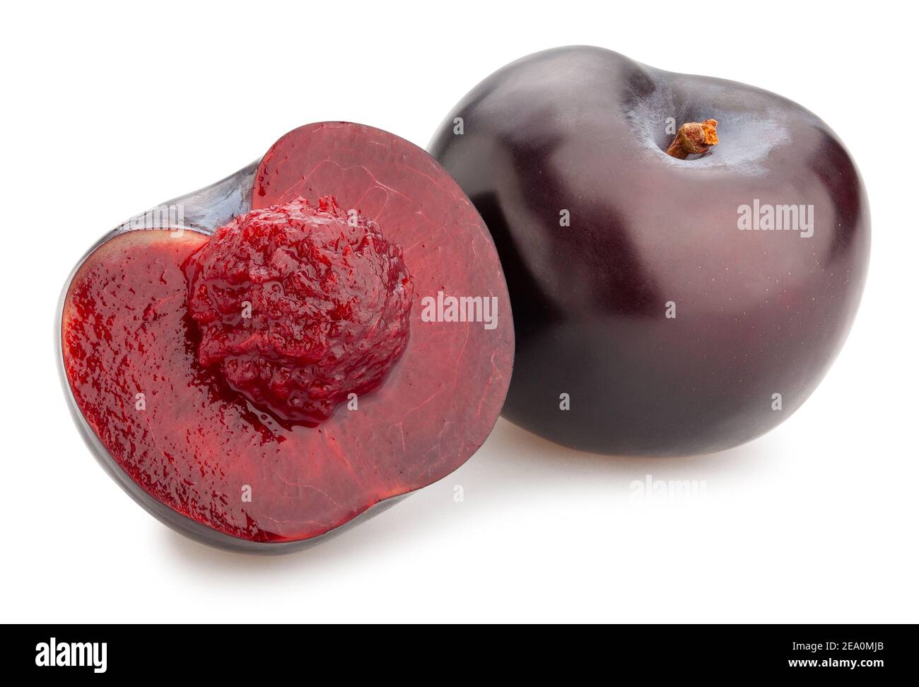 sliced deep red burgundy plum path isolated on white Stock Photo