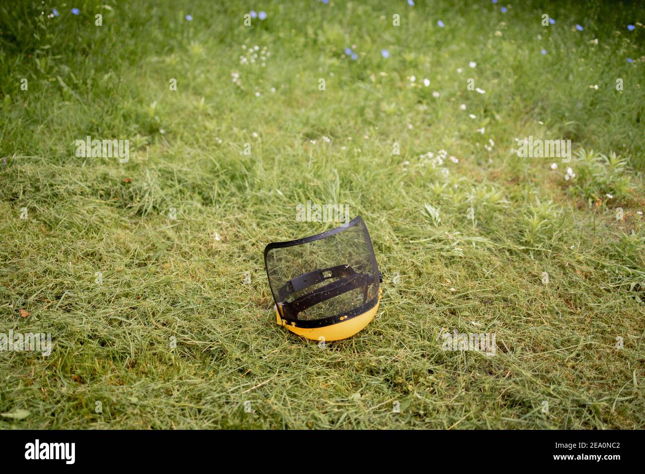 Protective helmet for the mower on cut grass Stock Photo - Alamy