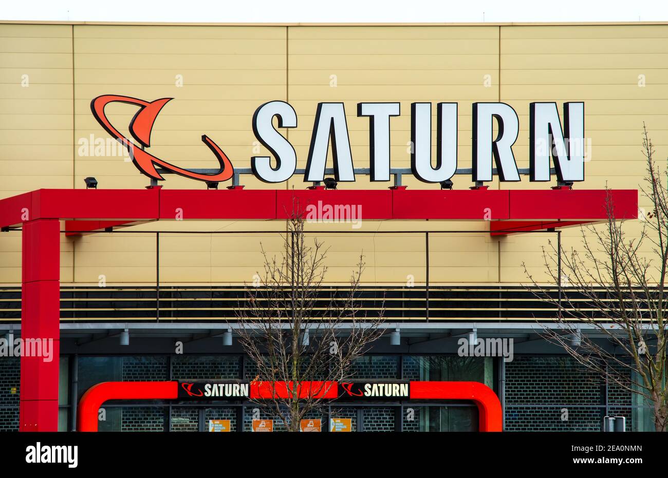 Koblenz, Germany, 01.31.2021: Saturn store logo. Saturn is a German chain of electronics stores, now found in several European countries Stock Photo