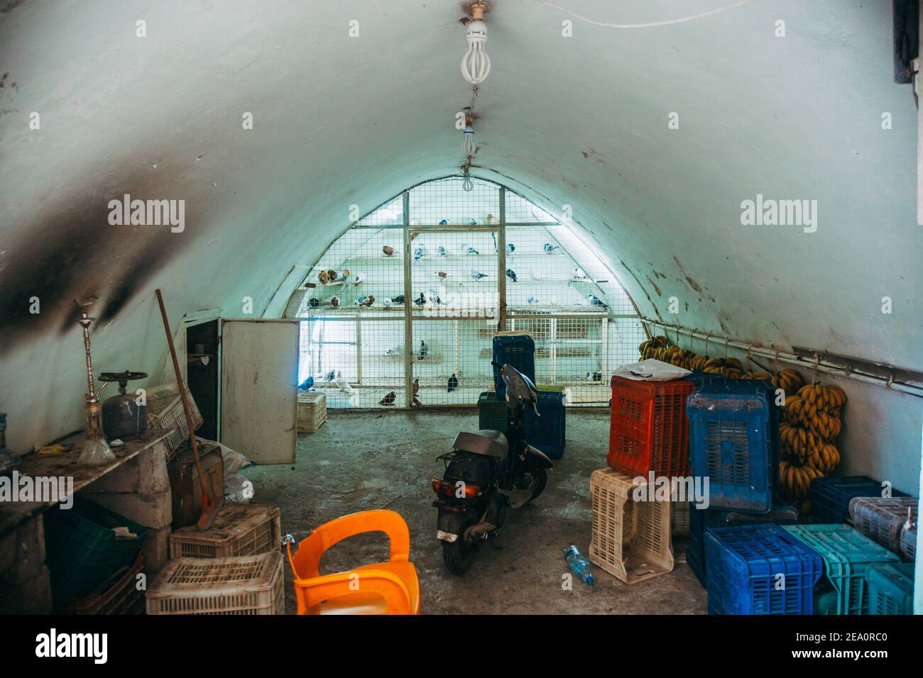 A small garage hut with a pigeon aviary in Tripoli, Lebanon Stock Photo